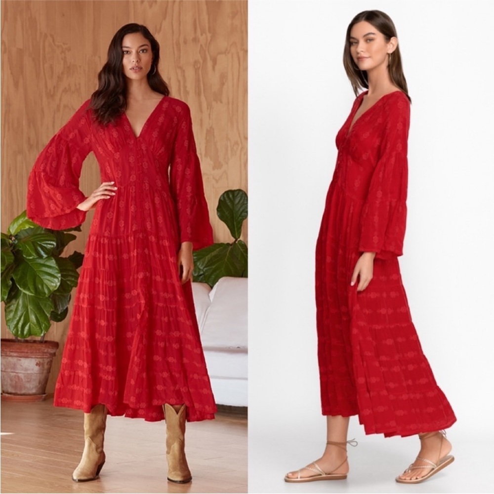 Johnny Was Red Embroidered Bonnie Adenium Maxi Dress